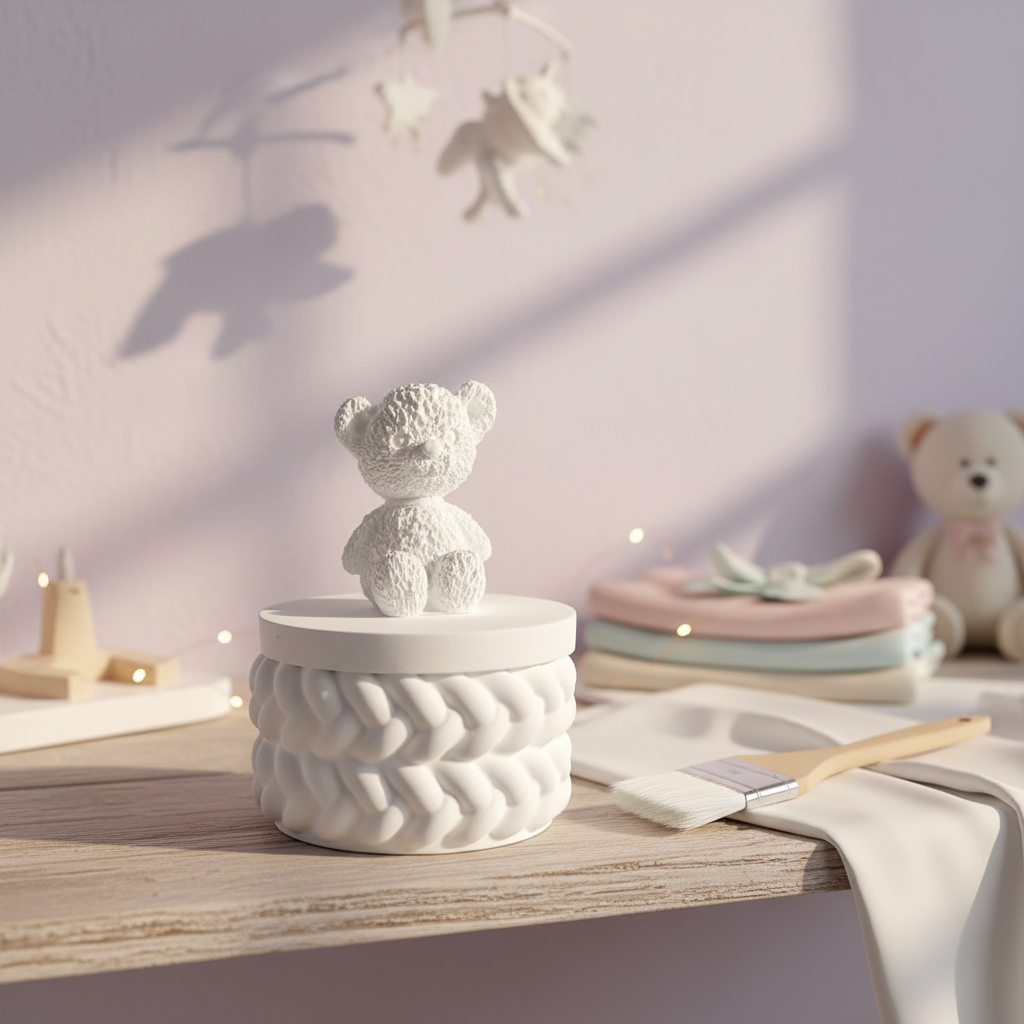 White plaster teddy bear trinket box with paintbrush in nursery setting