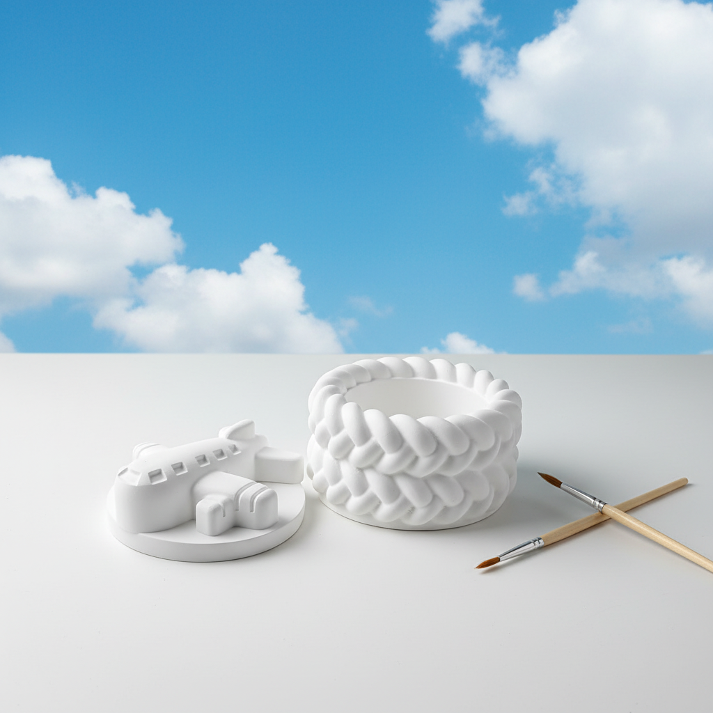 White plaster aeroplane trinket box lid off with paintbrushes on bright blue sky and fluffy clouds background