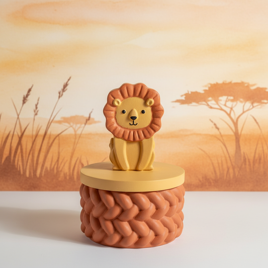 Painted golden lion trinket box with terracotta base on warm savannah sunset background