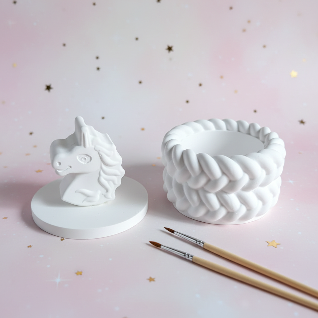 White plaster unicorn head trinket box lid off with paintbrushes on soft pastel pink and white gold stars background