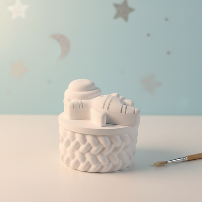 White plaster astronaut trinket box with paintbrush in pale blue nursery setting