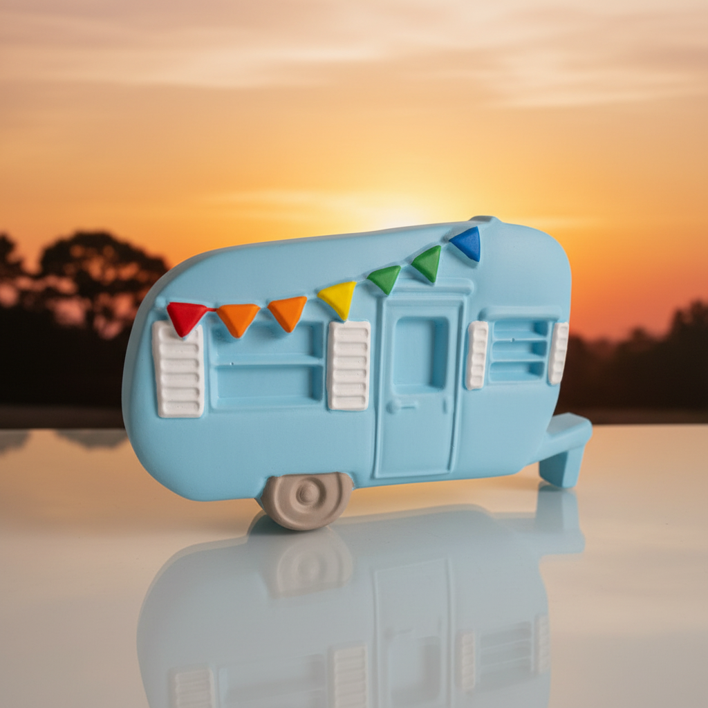 Painted sky blue caravan with rainbow bunting on warm golden sunset background