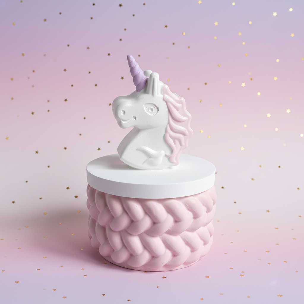 Painted unicorn head trinket box with lilac horn and pink mane on dreamy lilac and pink stars background