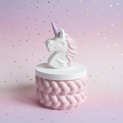 Painted unicorn head trinket box with lilac horn and pink mane on dreamy lilac and pink stars background