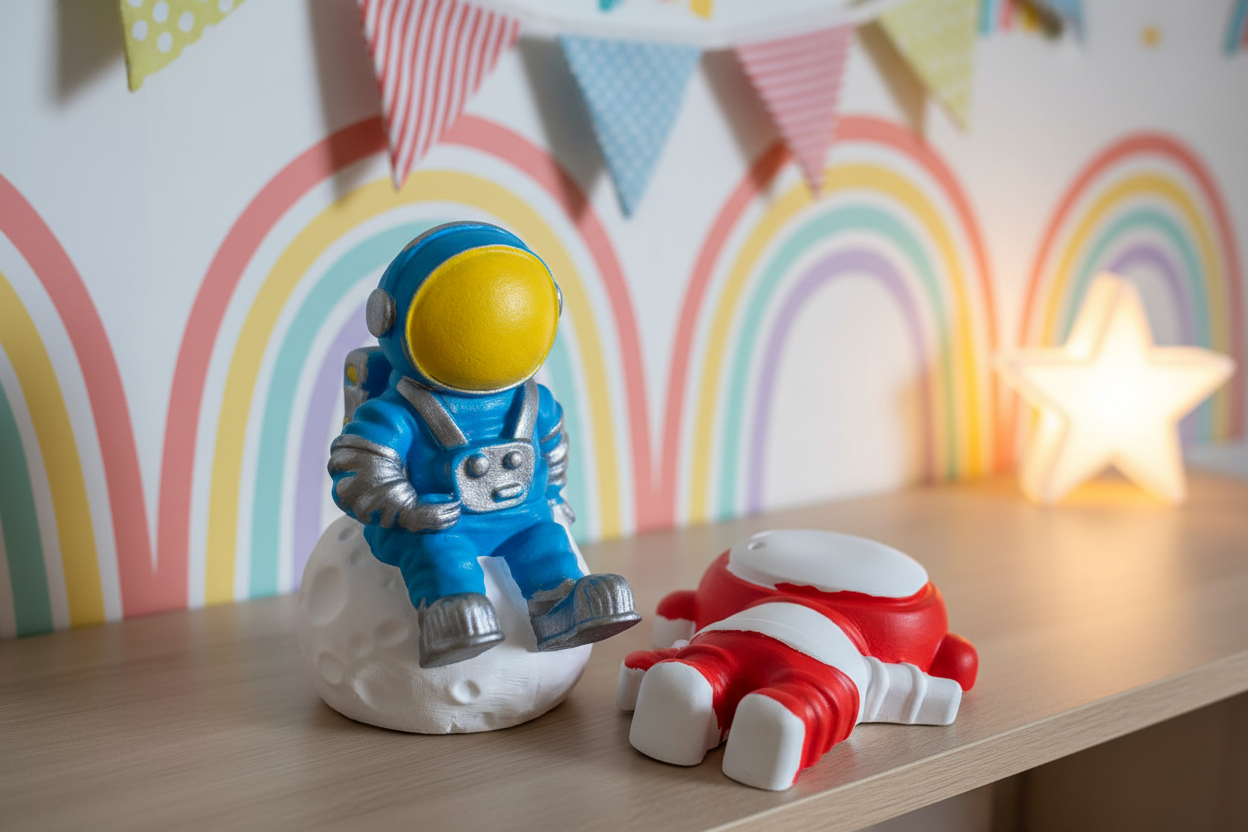 Paint Your Own Plaster Astronaut Duo painted in colourful kids room setting