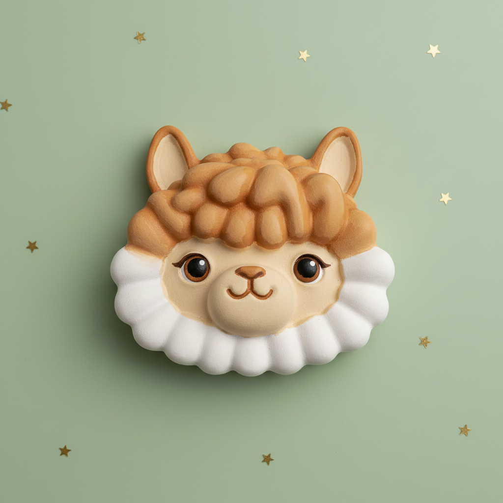 Painted caramel alpaca head with white collar on soft sage green gold stars background