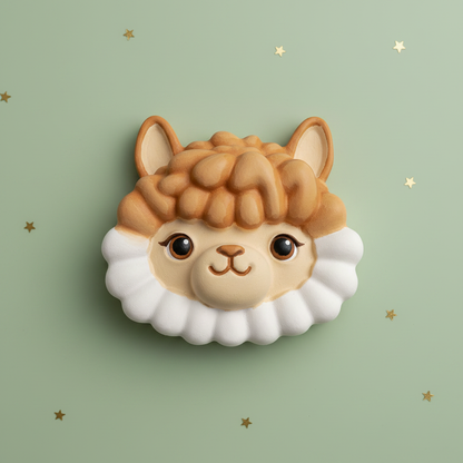 Painted caramel alpaca head with white collar on soft sage green gold stars background