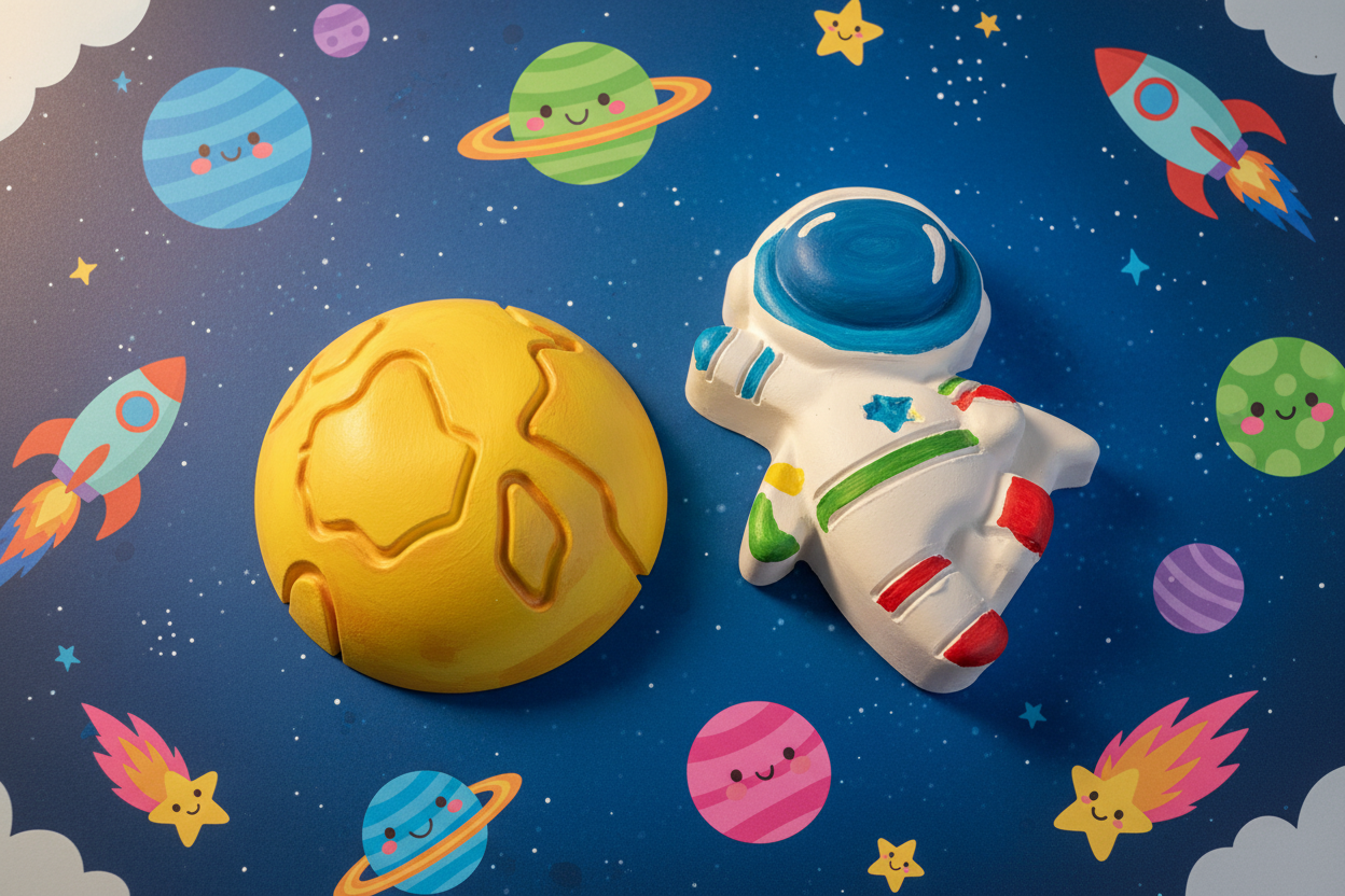 Paint Your Own Plaster Spaceman and Moon painted with kids space themed background
