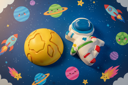 Paint Your Own Plaster Spaceman and Moon painted with kids space themed background