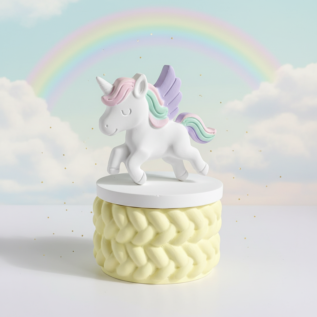 Painted flying unicorn trinket box with pastel lemon base on dreamy rainbow sky with clouds background