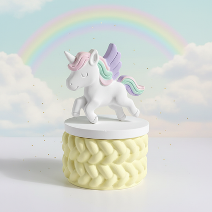 Painted flying unicorn trinket box with pastel lemon base on dreamy rainbow sky with clouds background