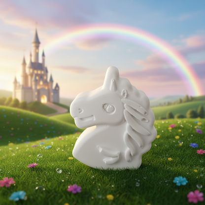 Unicorn plaster figure with enchanted castle background