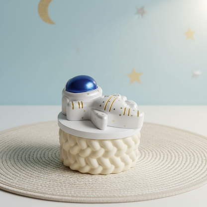 Painted silver astronaut trinket box with gold star details in pale blue nursery setting