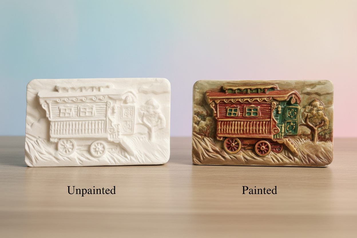Vardo Romani Gypsy Wagon plaque — unpainted and painted side by side