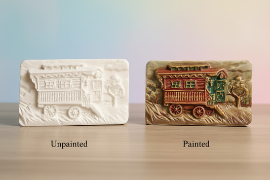 Vardo Romani Gypsy Wagon plaque — unpainted and painted side by side