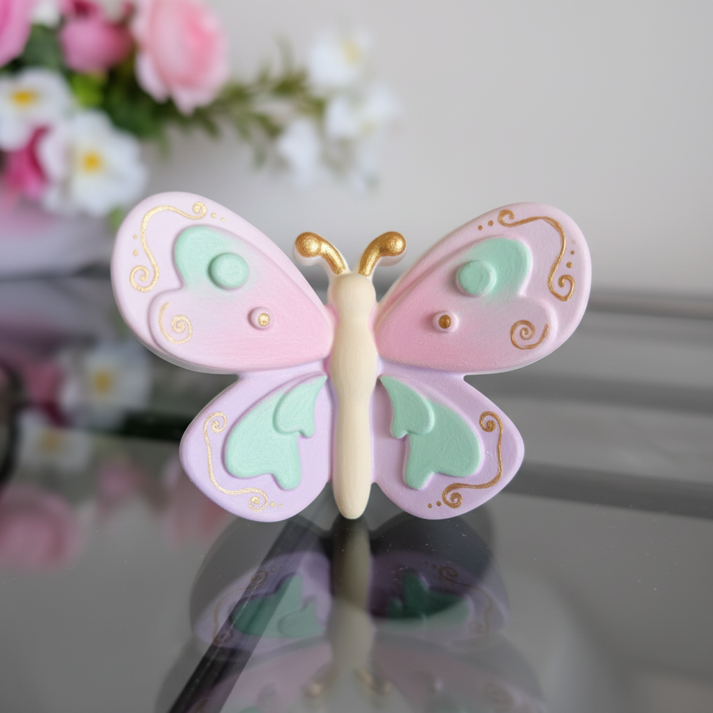 Painted pastel pink lilac butterfly with mint heart details on soft garden flowers background