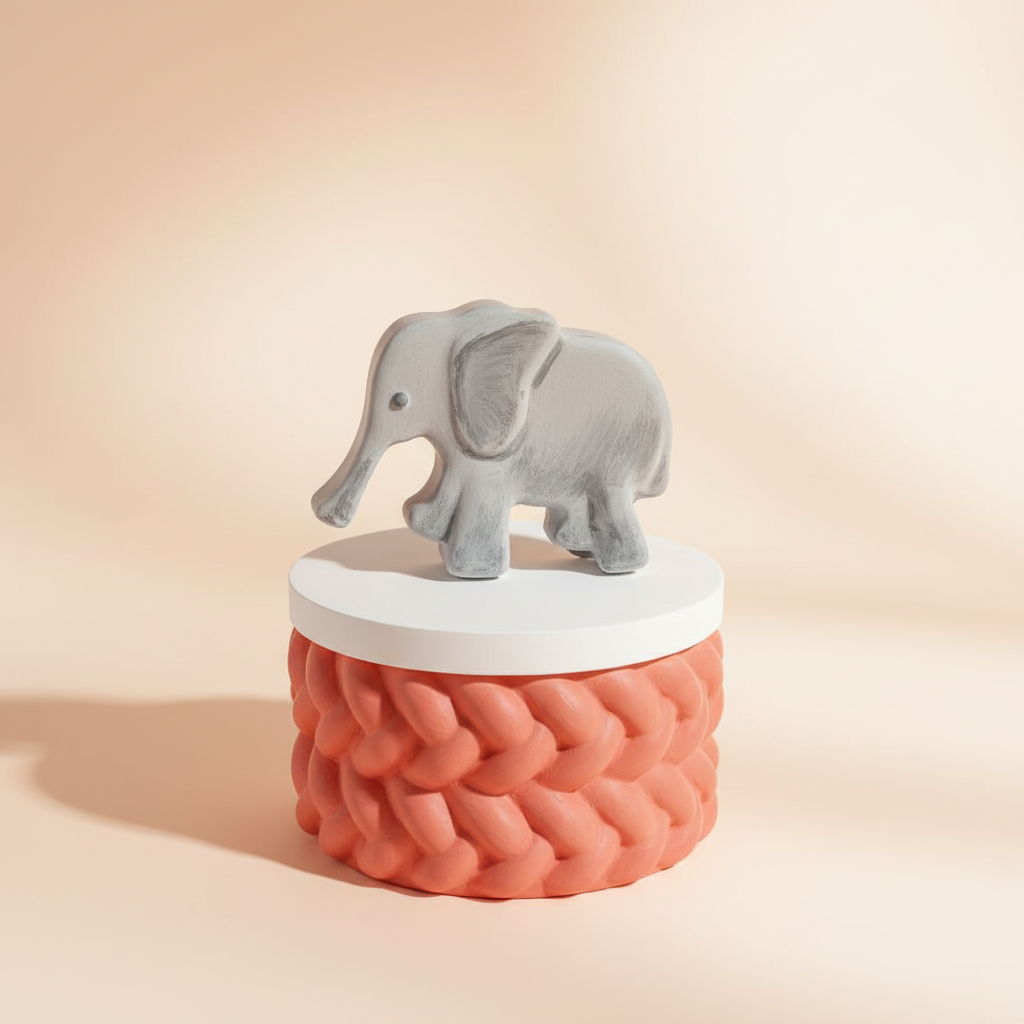 Painted grey elephant trinket box with coral base on sandy peach and cream background