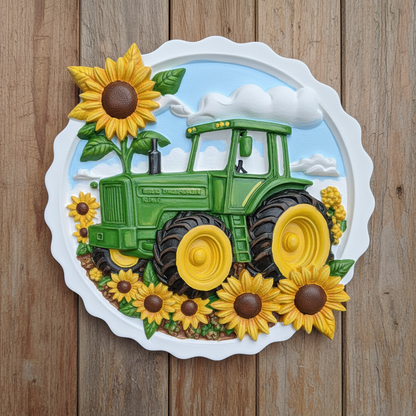 Painted tractor plaster plaque with sunflowers