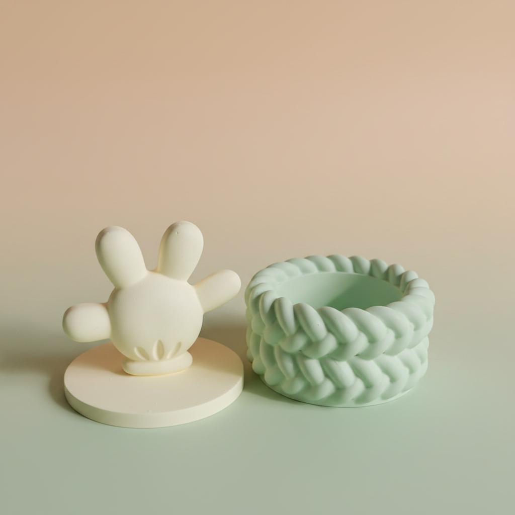 Painted cartoon gloved hand trinket box in soft yellow with sage green rope-twist base on sage and peach background