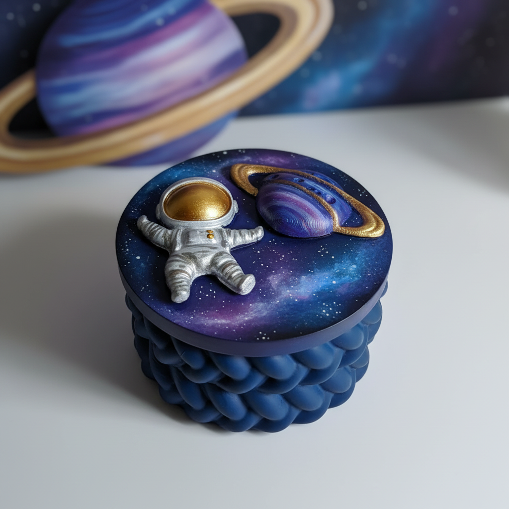 Painted silver astronaut and purple Saturn space trinket box on starry space background