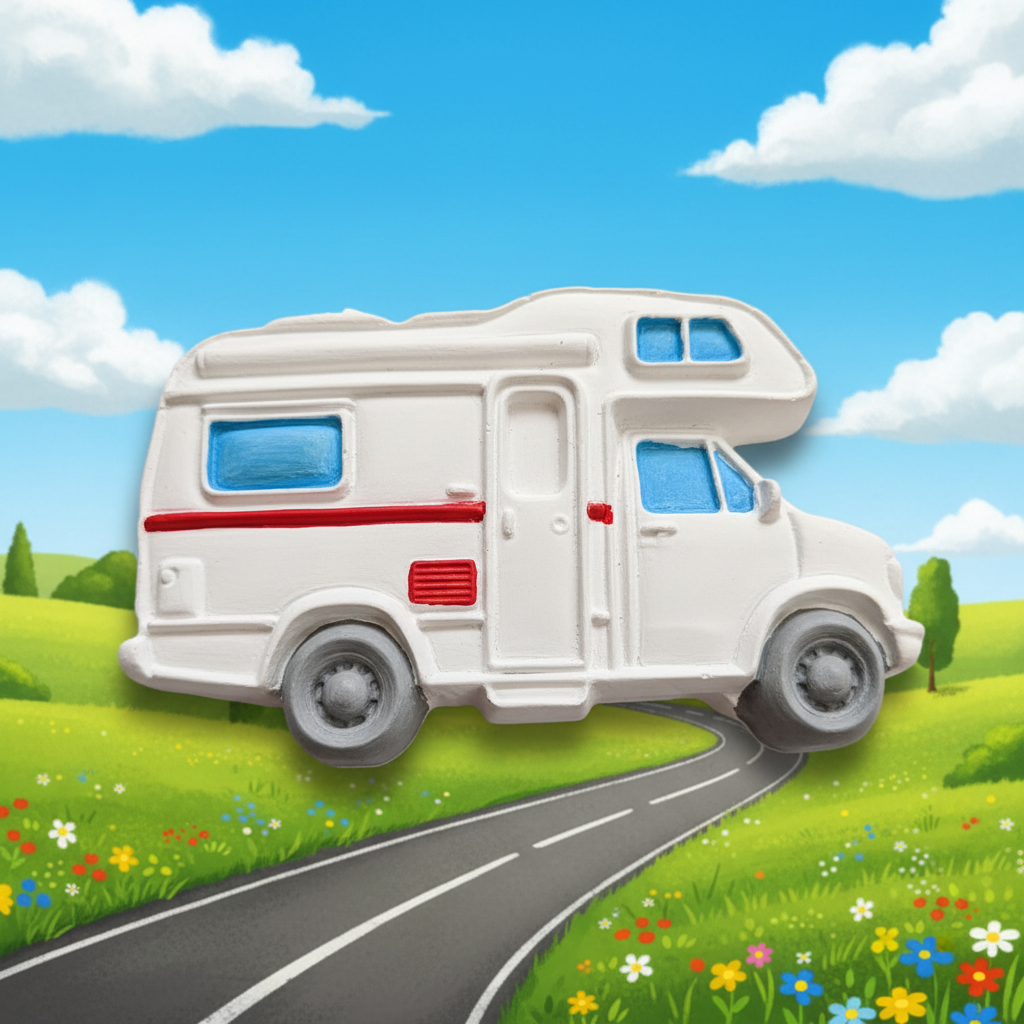 Painted white red blue motorhome on sunny countryside road with green hills background