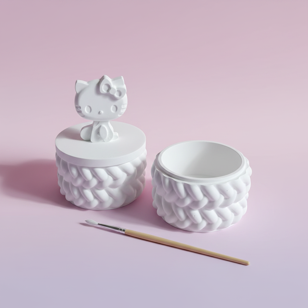White plaster cartoon cat figure trinket box lid off with paintbrush on pink and lilac background