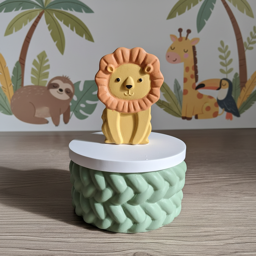 Painted golden lion trinket box with sage green base on nursery jungle background
