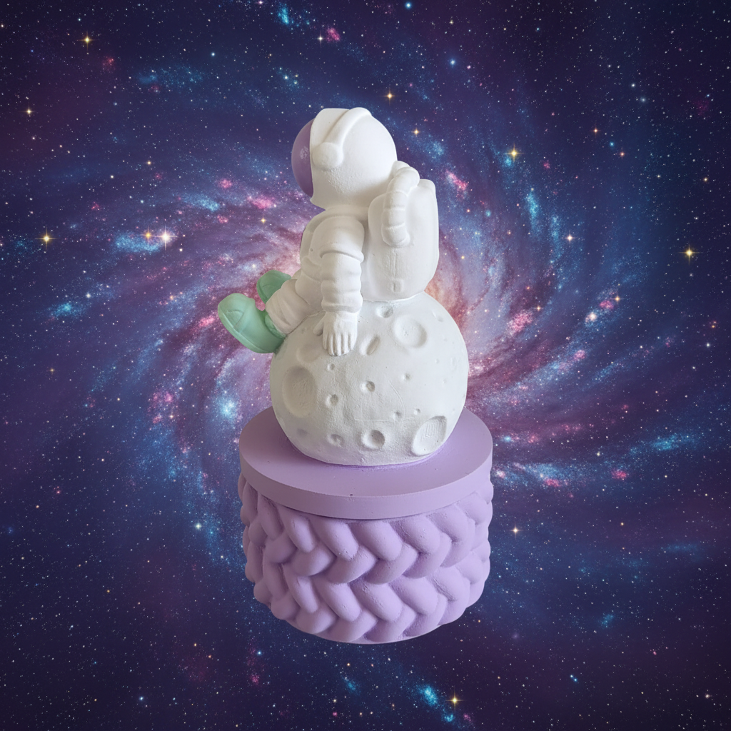 Painted astronaut trinket box with purple base on dreamy purple blue nebula galaxy background