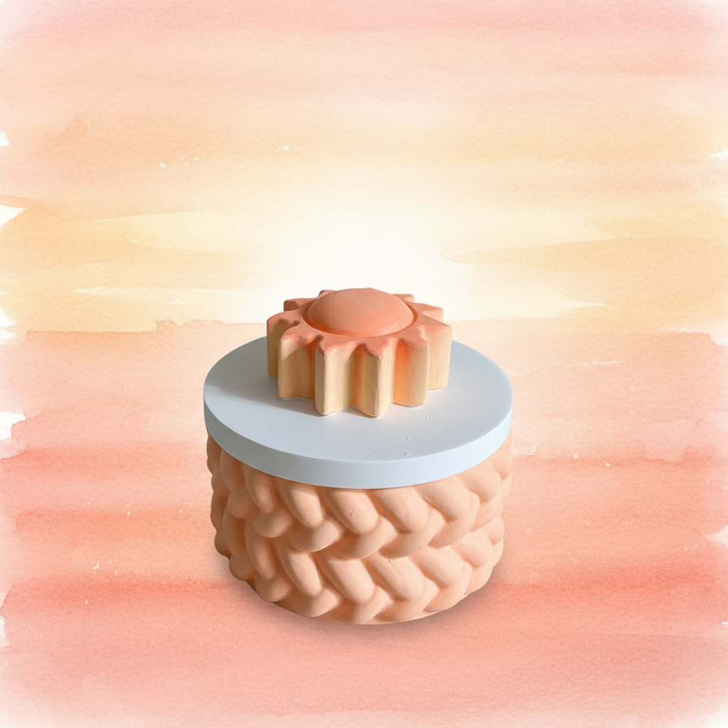 Painted pastel orange and yellow sun trinket box with peach base on dreamy peach coral sunset gradient background