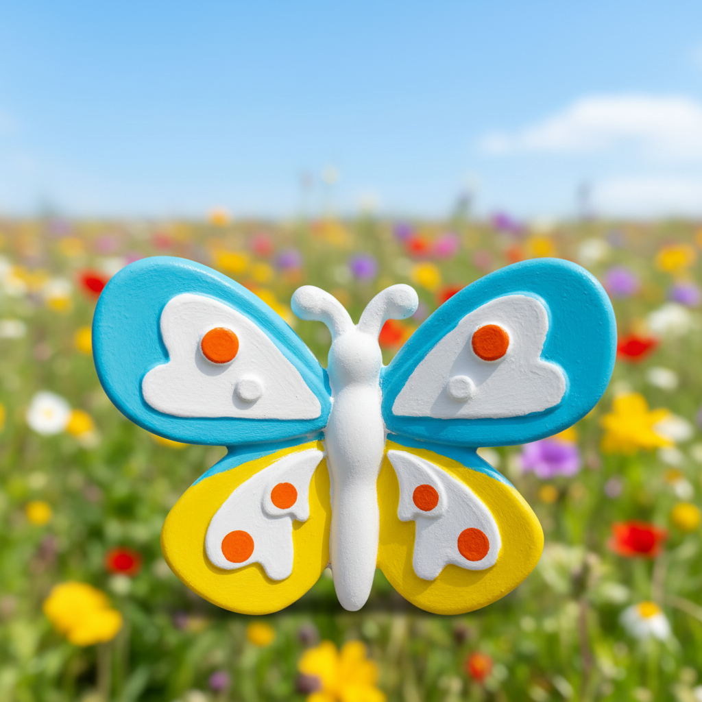 Painted sky blue yellow butterfly with orange dots on sunny meadow background