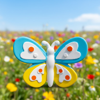 Painted sky blue yellow butterfly with orange dots on sunny meadow background