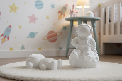 Paint Your Own Plaster Astronaut Duo with pastel kids space room background