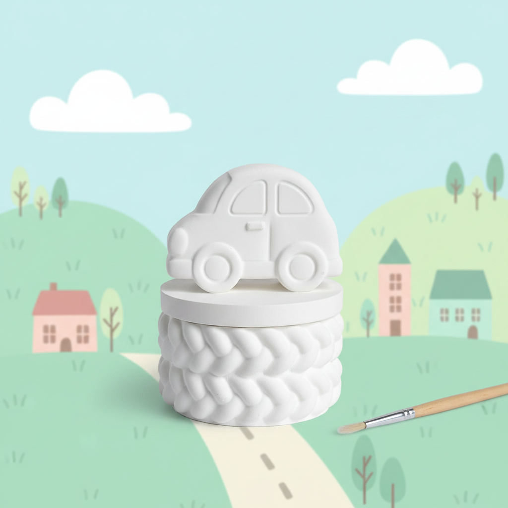 White plaster car trinket box with paintbrush in pastel street scene