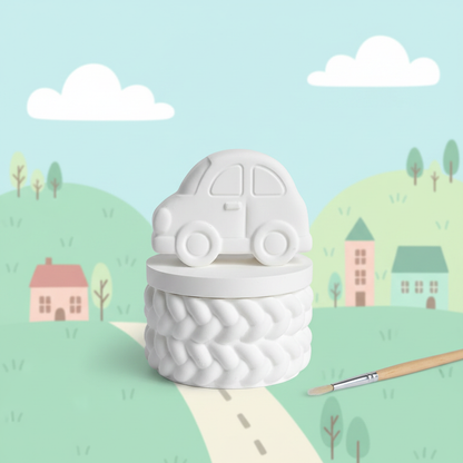 White plaster car trinket box with paintbrush in pastel street scene