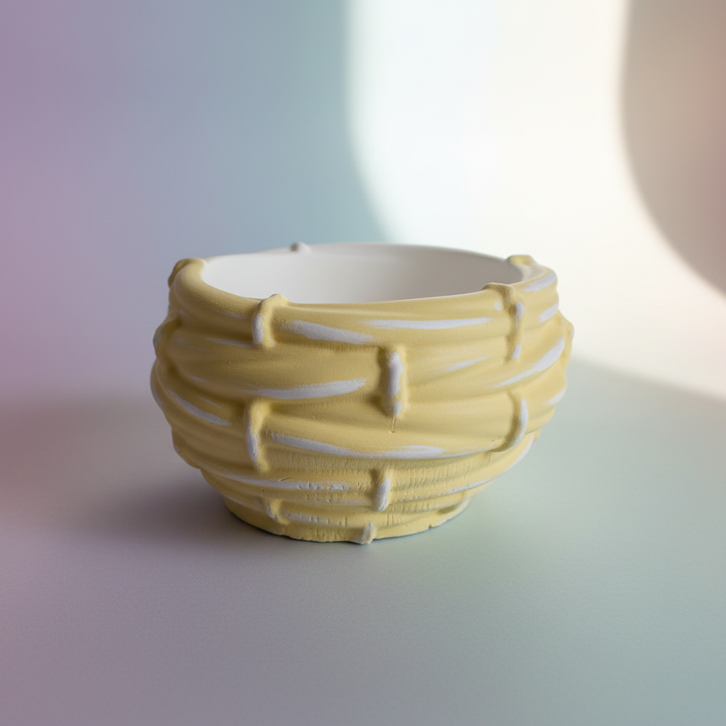 Bird's nest trinket box painted in lemon and white