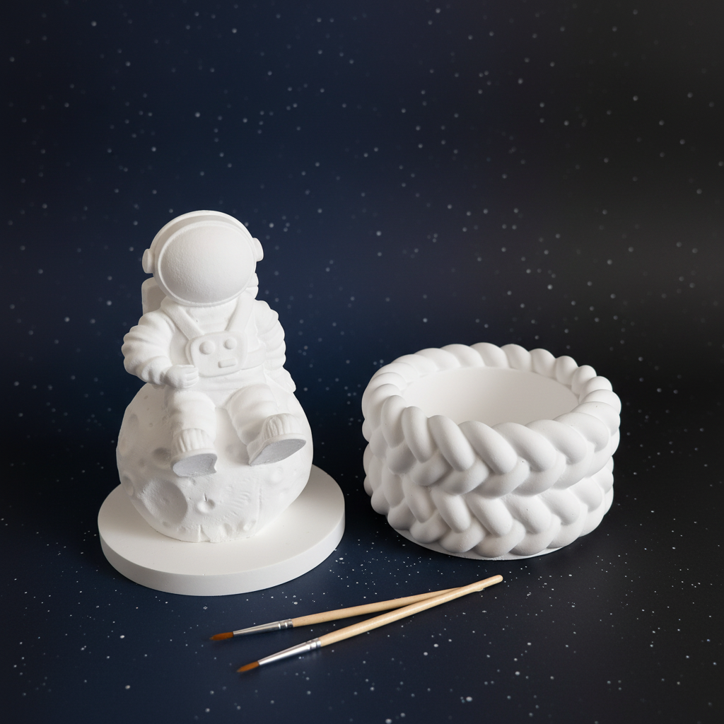 White plaster astronaut trinket box lid off with paintbrushes on soft navy and silver stars background