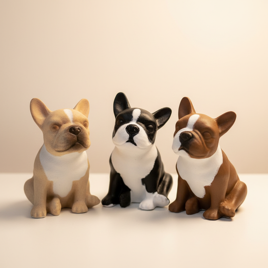 Three French Bulldog plaster figures painted in tan, black and white, and brown and white
