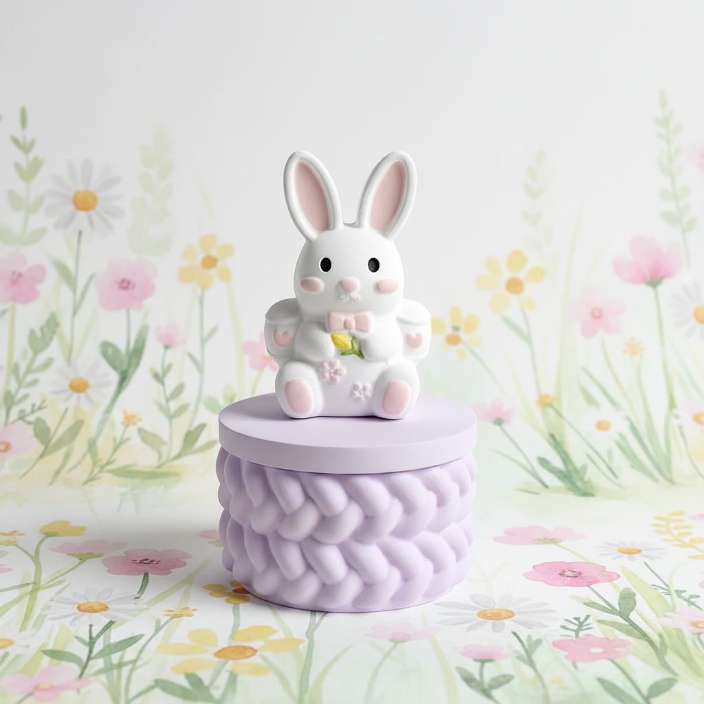 Painted white bunny rabbit trinket box with lilac base on soft floral meadow background