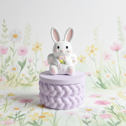 Painted white bunny rabbit trinket box with lilac base on soft floral meadow background