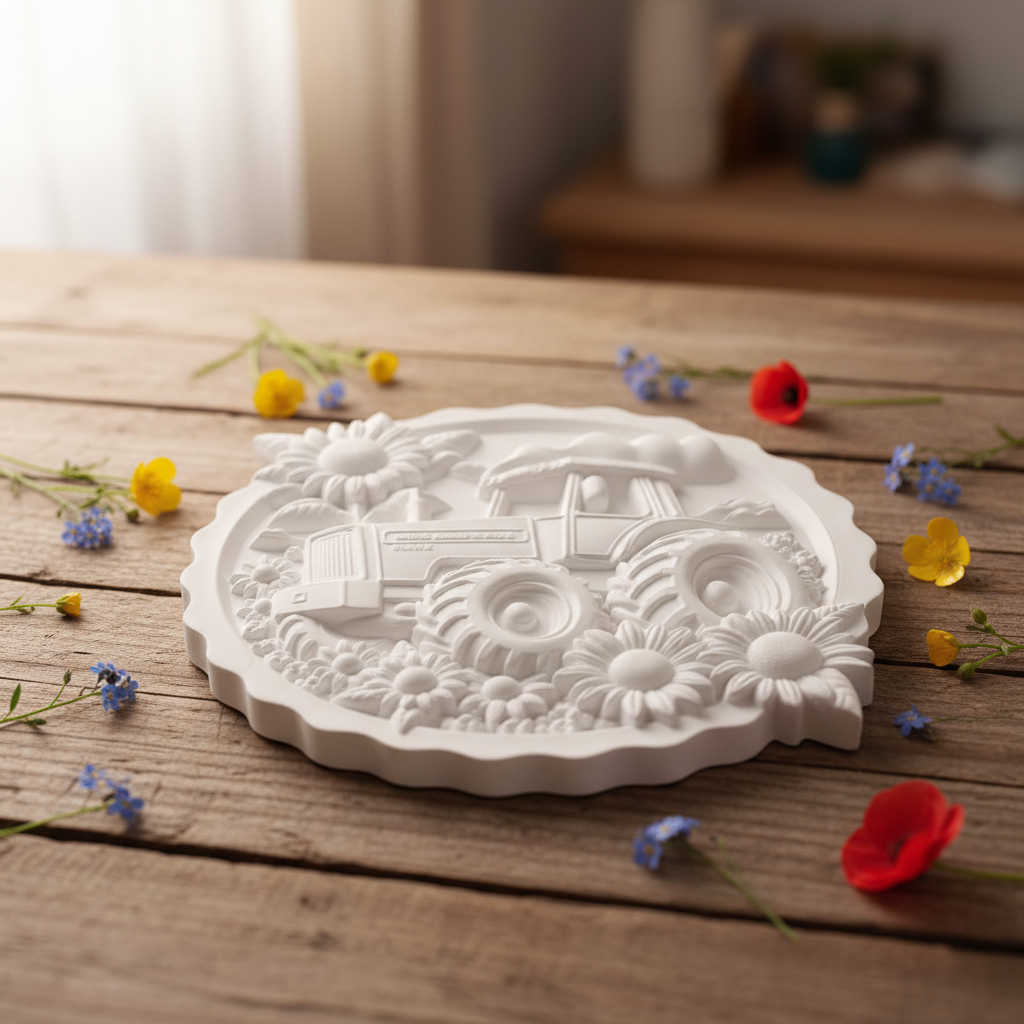 White tractor plaster plaque on rustic wooden background