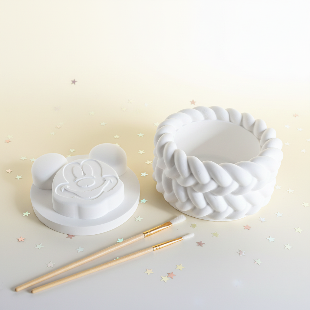 White plaster cartoon mouse trinket box lid off with paintbrushes on soft yellow and white star confetti background