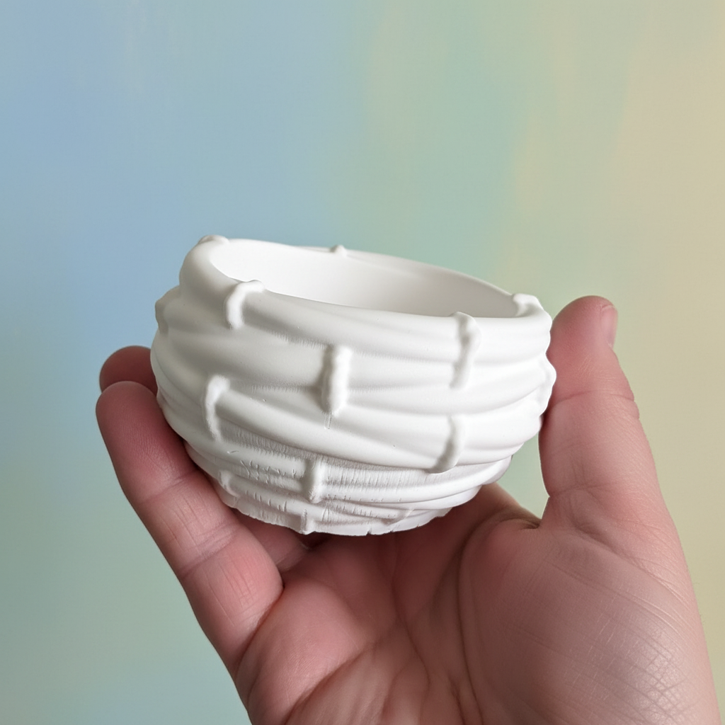Bird's nest trinket box side view on soft pastel background