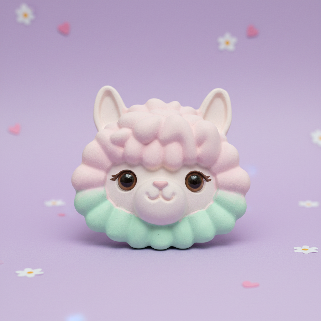 Painted pastel pink alpaca head with mint collar on soft lilac flowers background