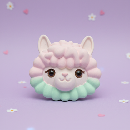 Painted pastel pink alpaca head with mint collar on soft lilac flowers background