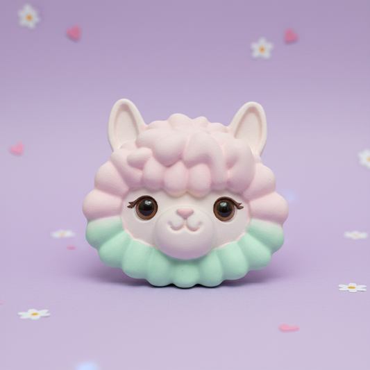 Painted pastel pink alpaca head with mint collar on soft lilac flowers background
