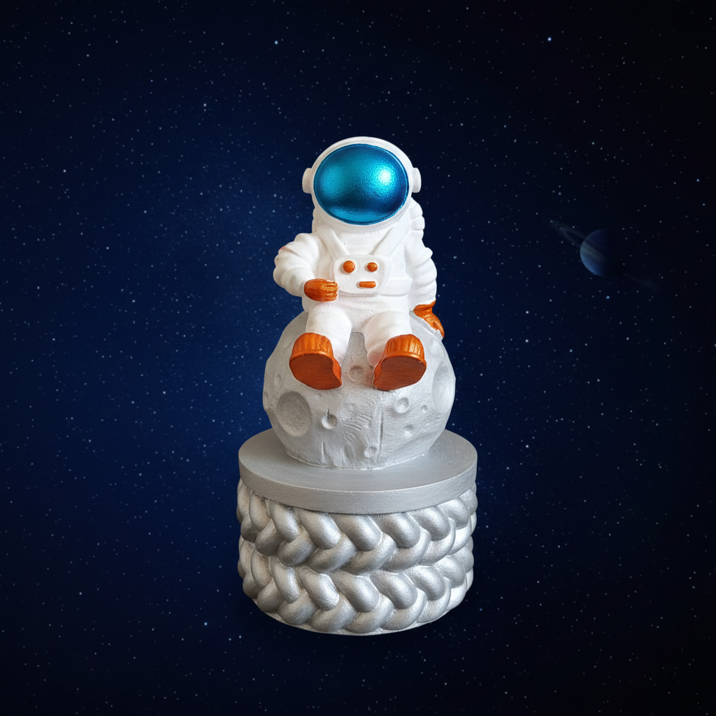 Painted astronaut trinket box with light silver base on deep midnight blue starry space background