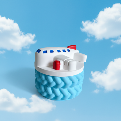 Painted white red and blue aeroplane trinket box with sky blue base on bright blue sky and clouds background