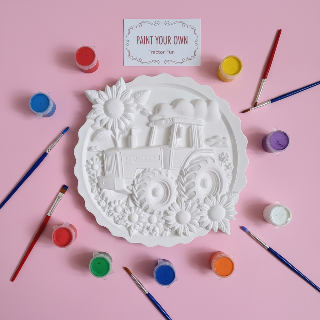 White tractor plaster plaque on pink background with paints