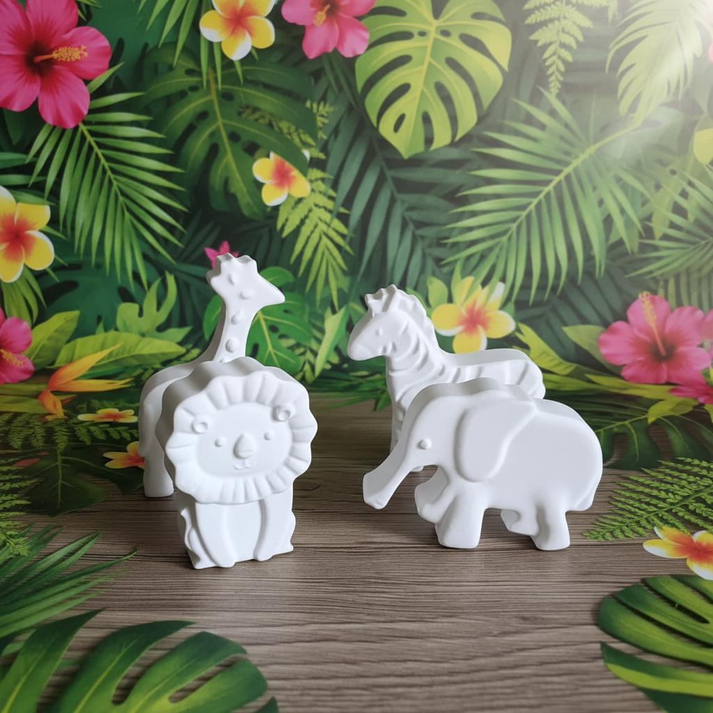 Safari animal set with vibrant jungle leaf background