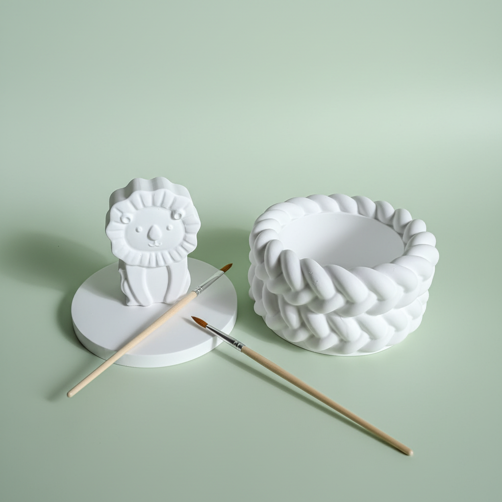 White plaster lion trinket box lid off with paintbrushes on soft mint and sage green gradient background